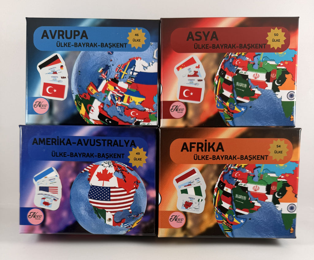 Tüm Dünya Ülkeleri Harita, Bayrak ve Başkent Kartları 4’lü Avantaj Seti
