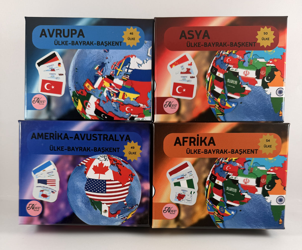 Tüm Dünya Ülkeleri Harita, Bayrak ve Başkent Kartları 4’lü Avantaj Seti