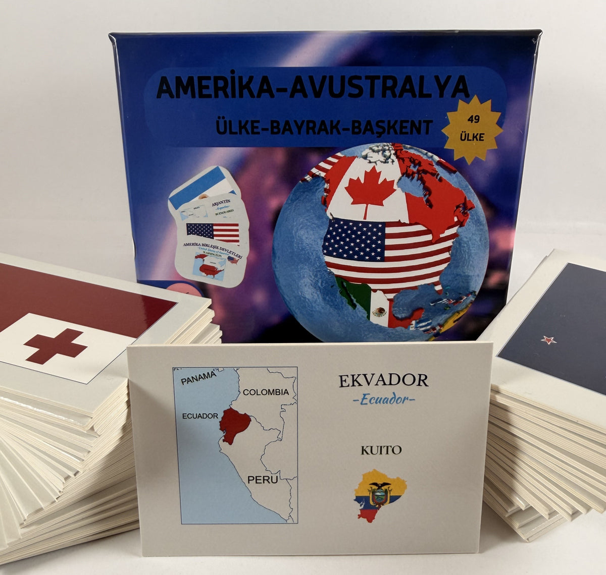 Amerika-Avustralya Ülkeleri-Harita-Bayrak-Başkent Kartları