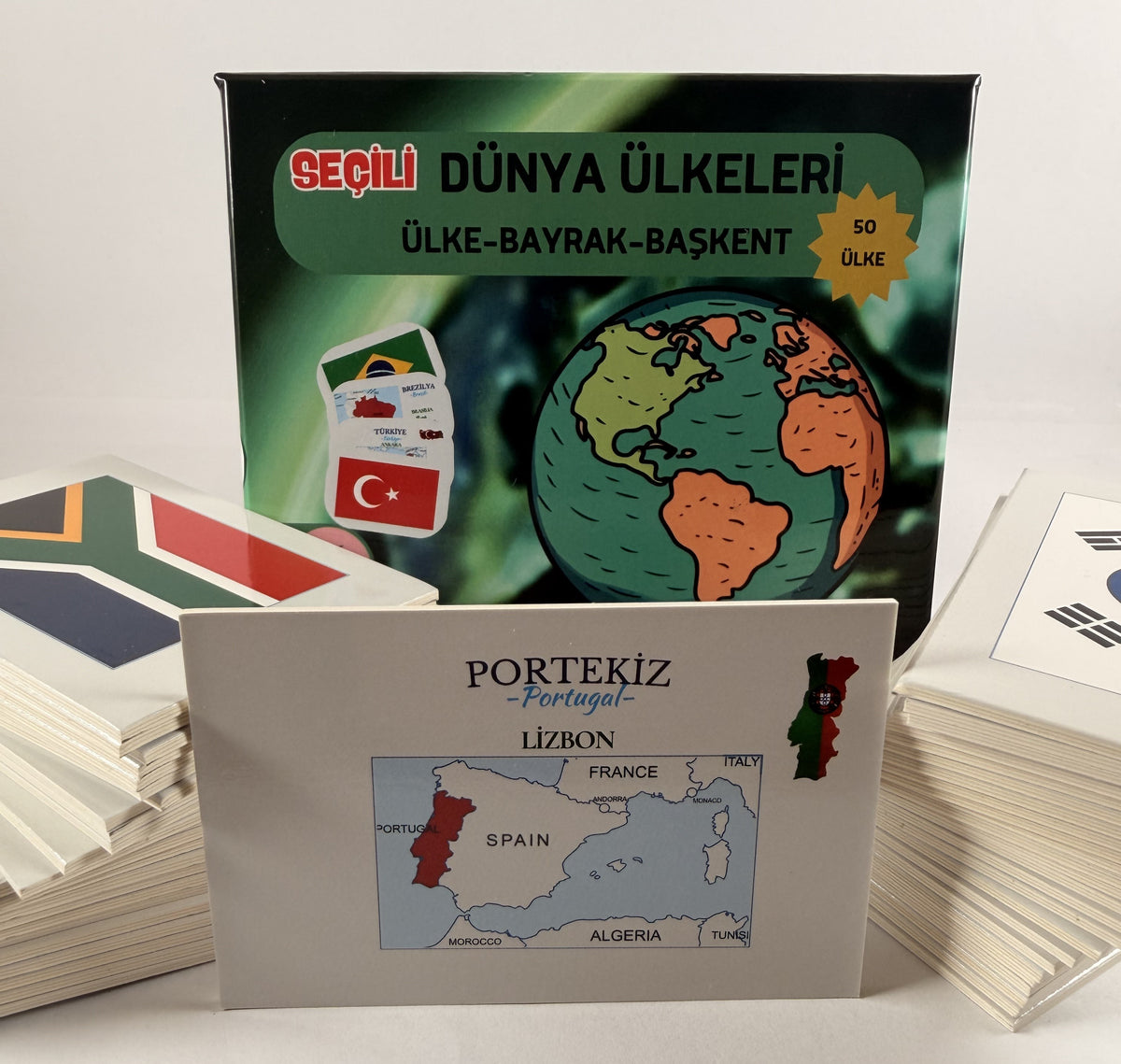 Seçili 50 Dünya Ülkeleri-Harita-Bayrak-Başkent Kartları
